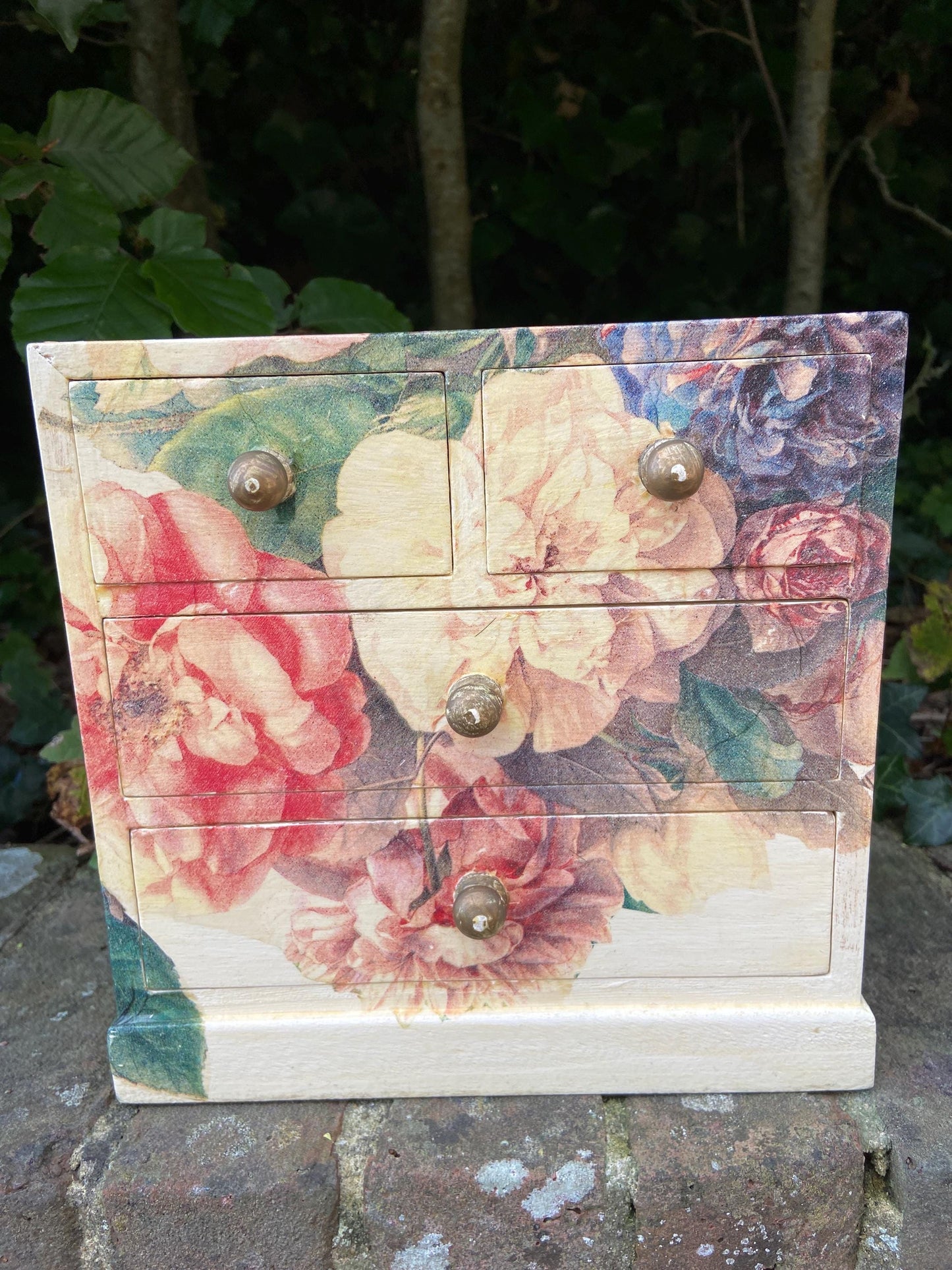 Vintage decoupage jewellery or trinket box, small treasure chest - floral box with 4 drawers