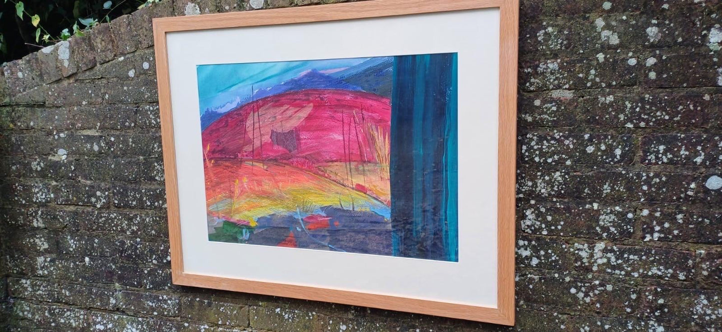 SUNSET Huge framed vintage original acrylic mixed media abstract painting by Dorothea Huntrods, signed