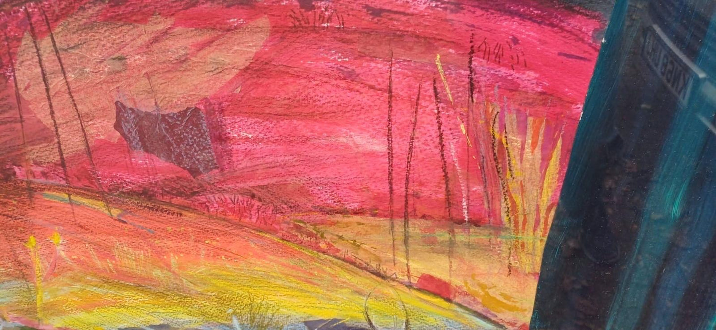 SUNSET Huge framed vintage original acrylic mixed media abstract painting by Dorothea Huntrods, signed