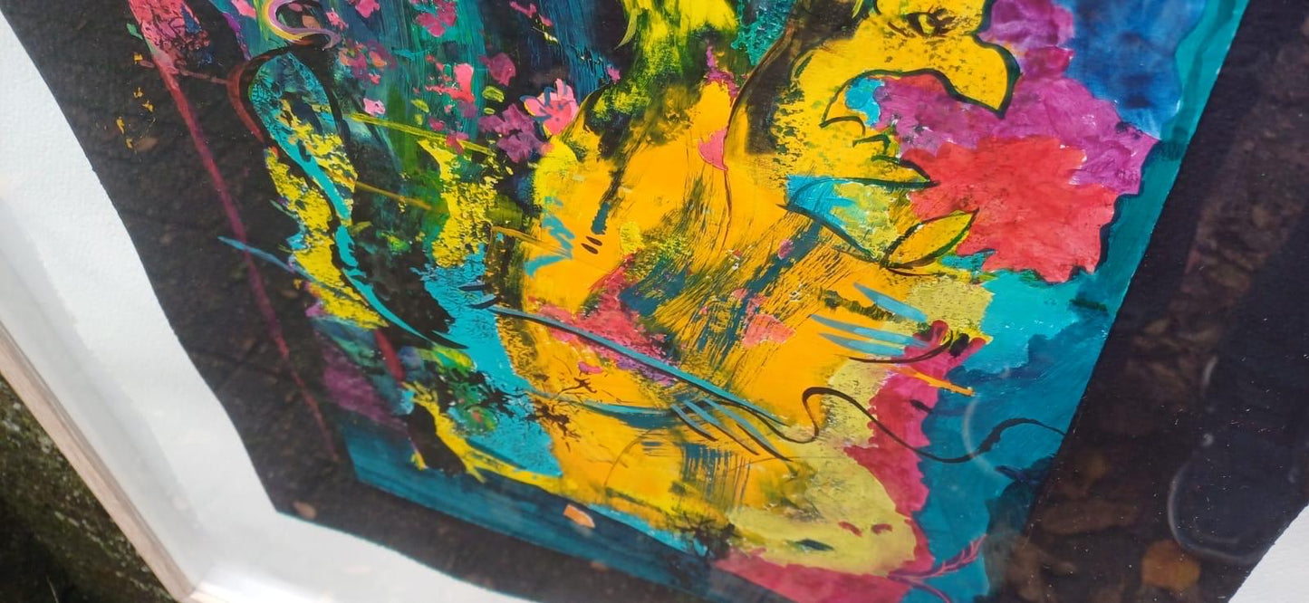 BLUES Dancin wi Chickadee” Huge framed vintage original acrylic mixed media abstract painting by Dorothea Huntrods