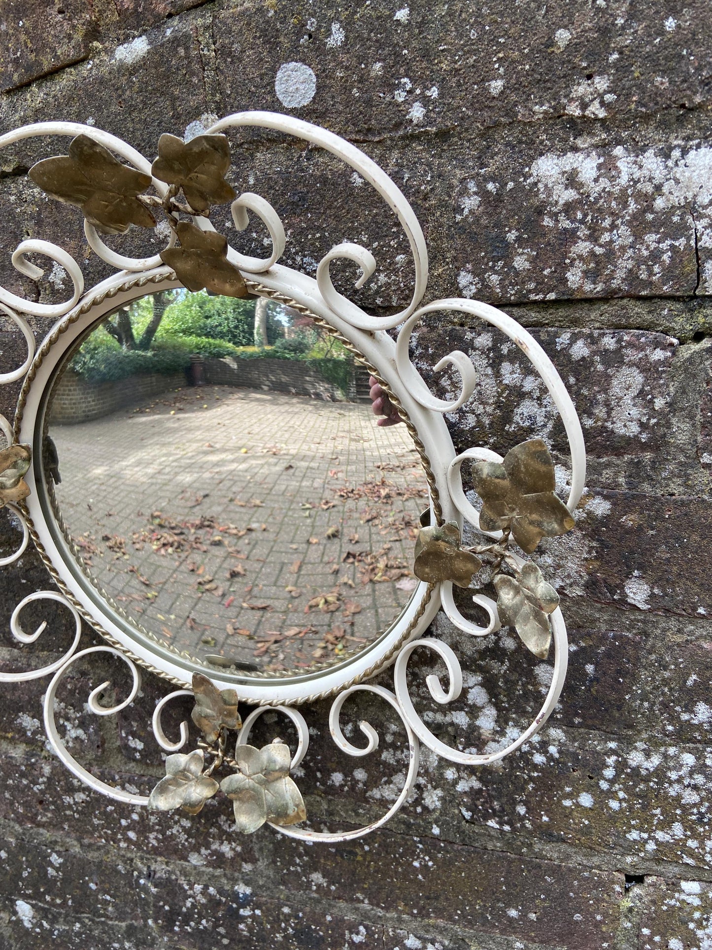 Retro wrought iron painted round mirror with Ivy details