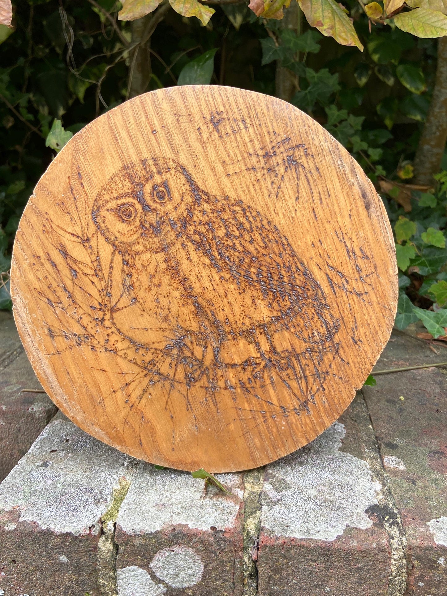 Vintage children’s milking stool with an engraved fairytale woodland owl on it