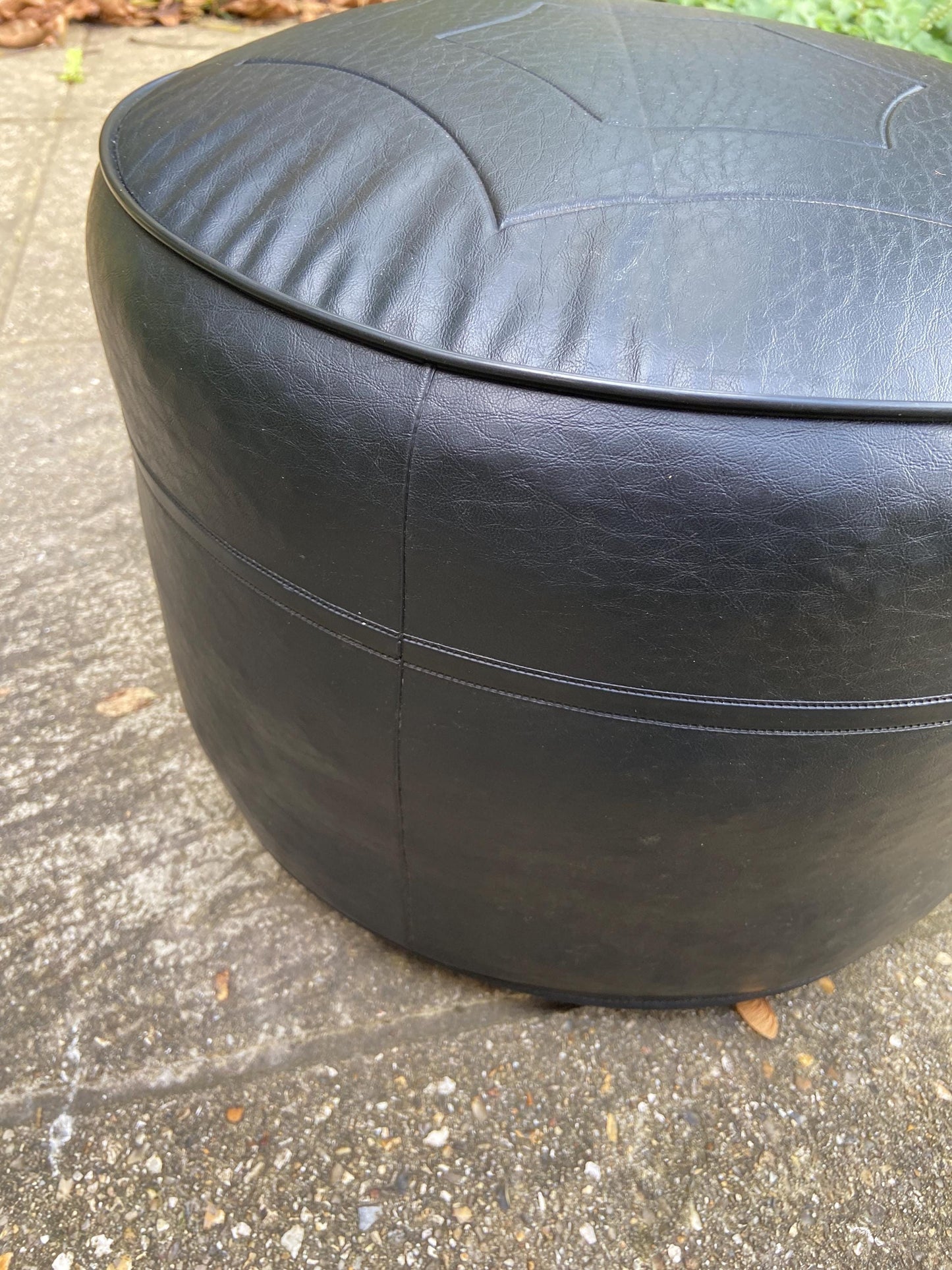 Retro Black Leatherette Pouffe, Leatherette Stool made by Sherborne, 1970s pouffe