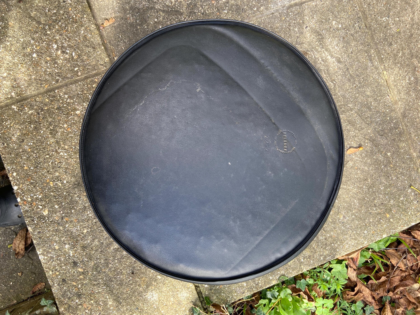 Retro Black Leatherette Pouffe, Leatherette Stool made by Sherborne, 1970s pouffe