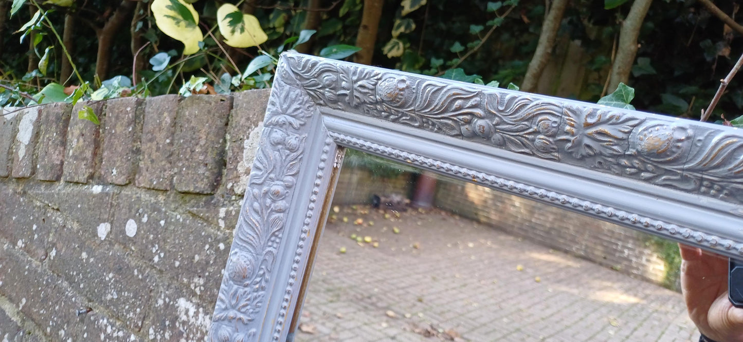 Very Large Painted Rectangular Mirror Grey with Gold Highlights Wooden Frame
