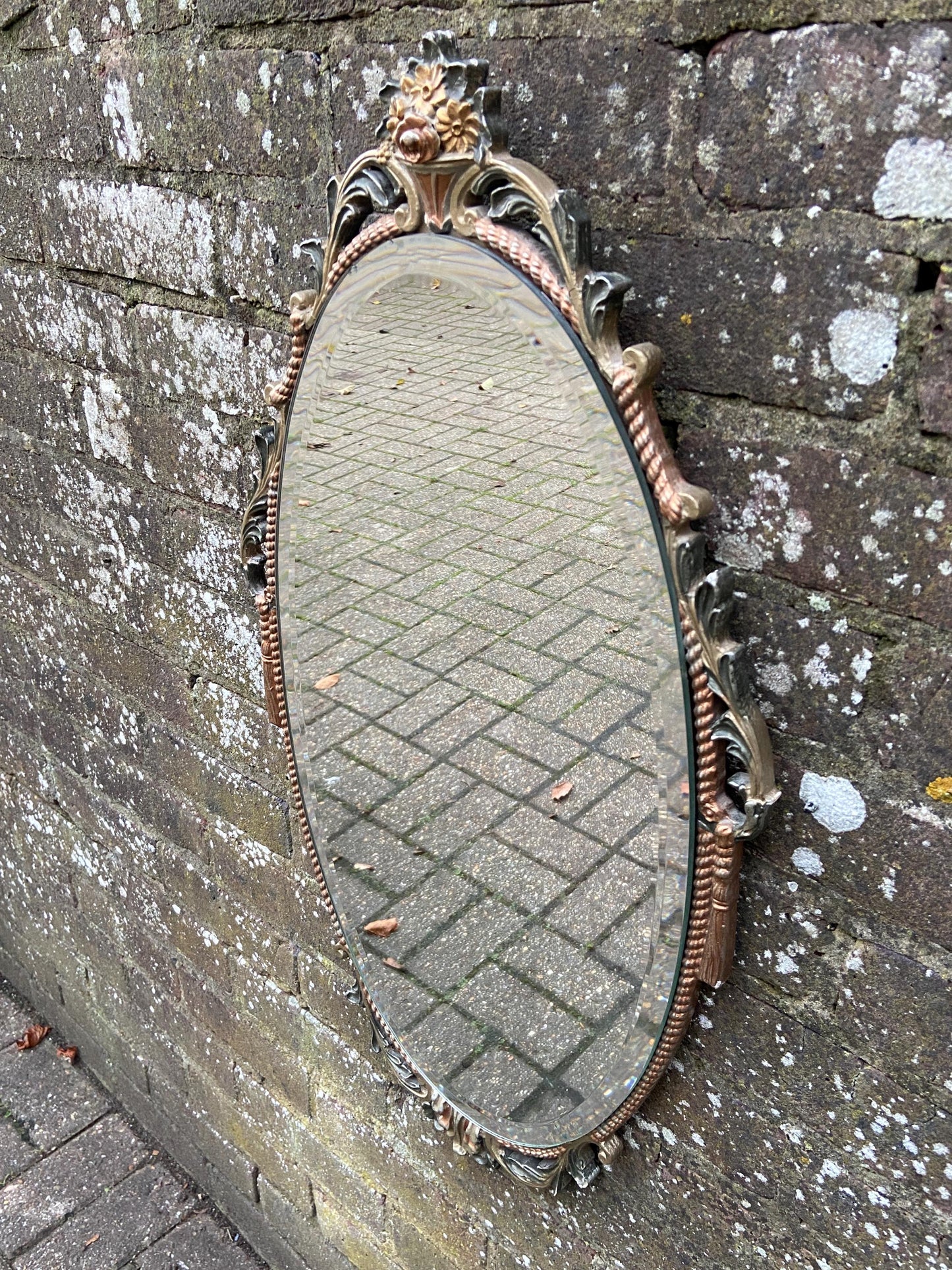 Unusual retro vintage oval mirror with moulded and painted frame - very attractive and excellent condition