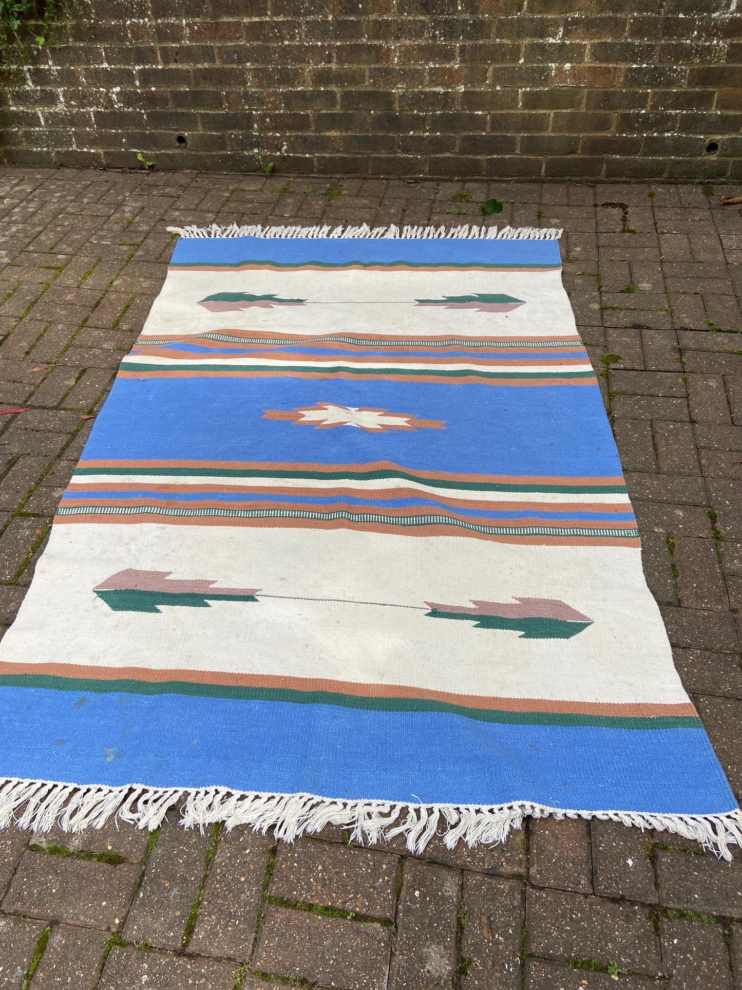 Vibrant Vintage Kilim Rug - 80" x 60" (203cm x 152cm) - blues, browns, creams
