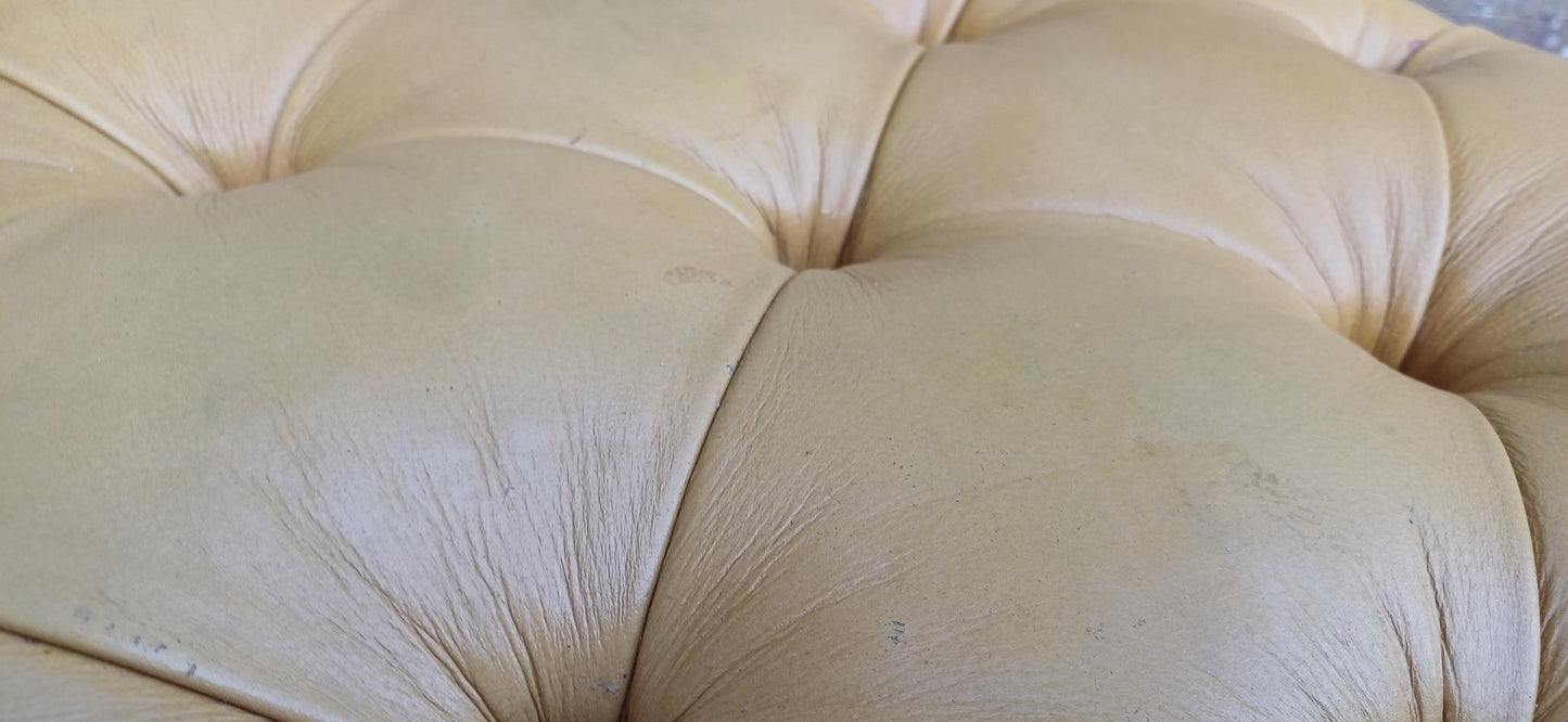 Cracking Vintage Early to Mid-Century Oak Stool Footstool Pouffe with Cushioned Gold Leatherette