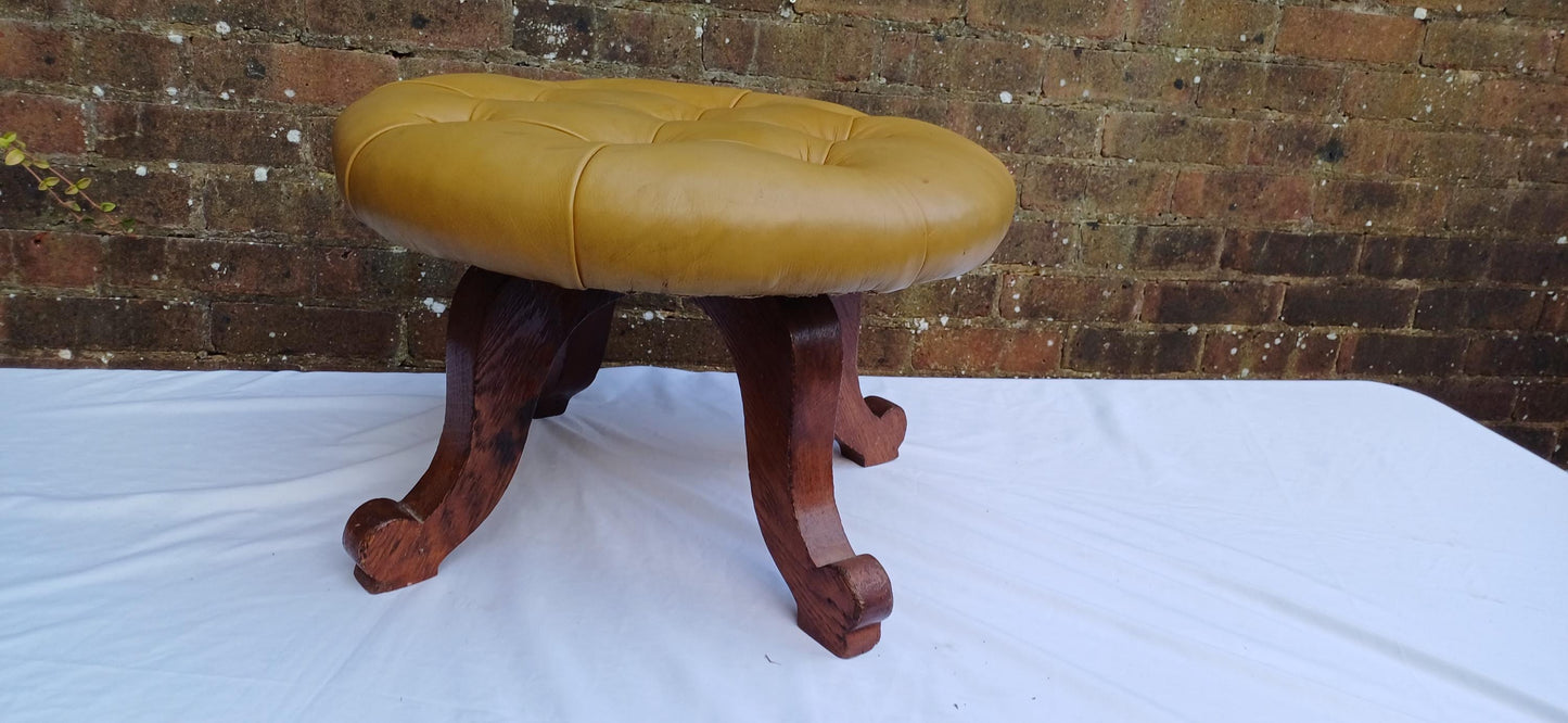 Cracking Vintage Early to Mid-Century Oak Stool Footstool Pouffe with Cushioned Gold Leatherette