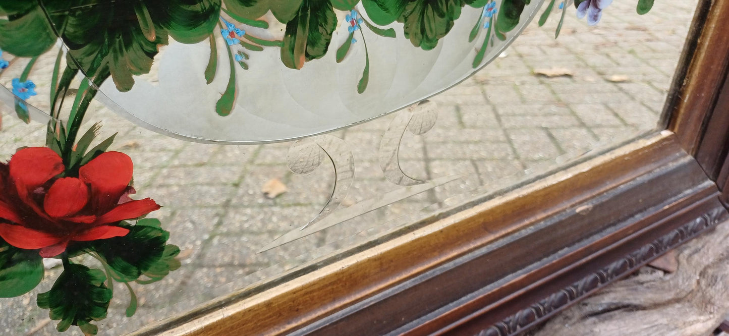 Large Vintage Pre War Central European Floral Mirror with Etched Glass Flower Motif Decoration. Free Hand Delivery.