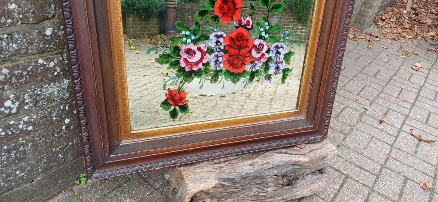 Large Vintage Pre War Central European Floral Mirror with Etched Glass Flower Motif Decoration. Free Hand Delivery.