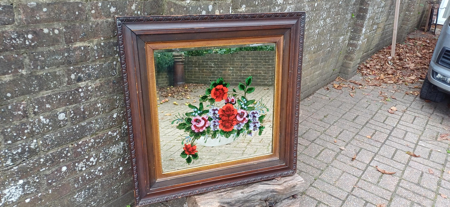 Large Vintage Pre War Central European Floral Mirror with Etched Glass Flower Motif Decoration. Free Hand Delivery.