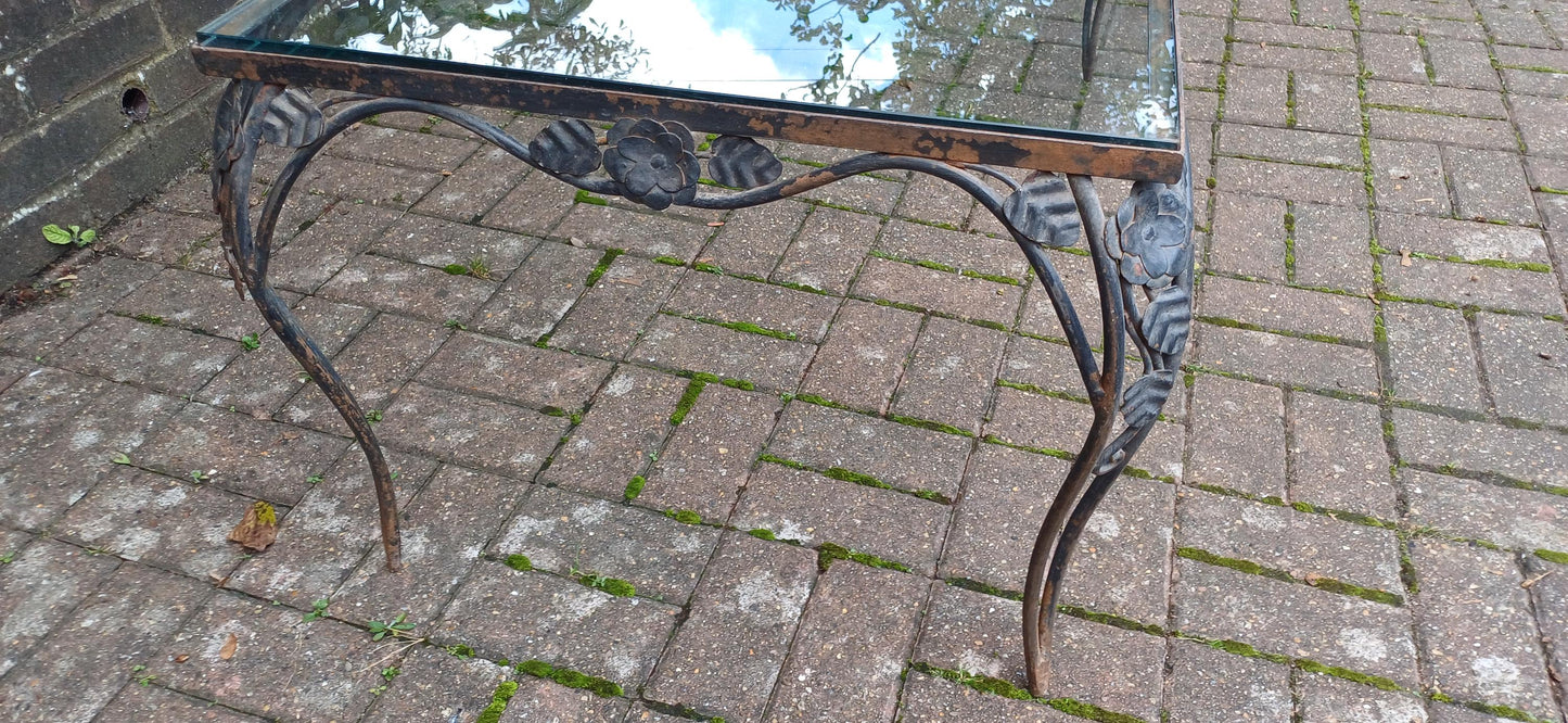 Imposing Upcycled Age Worn Effect Huge Iron and Glass Coffee Table New 1cm Thick Glass Surface. Free Hand Delivery.