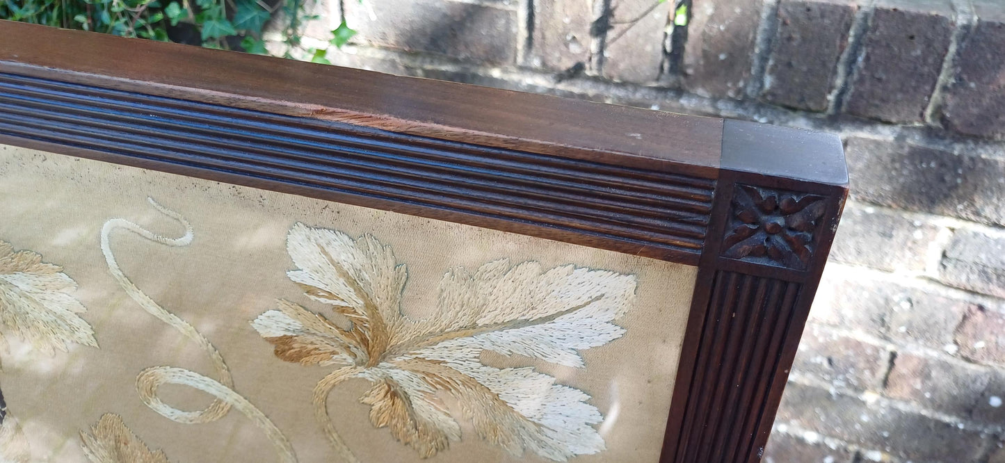 Huge Imposing Victorian Mahogany Fire Screen with Bird of Paradise Embroidery Needlework. Free Hand Delivery.