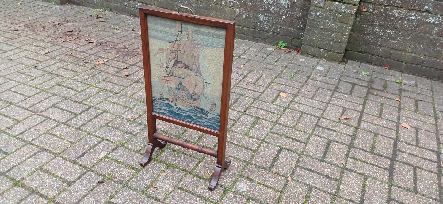 Stunning Top Quality Mahogany Glazed Fire Screen with Galleon Tapestry Unusually Thin Perfect for Smaller Fireplace.