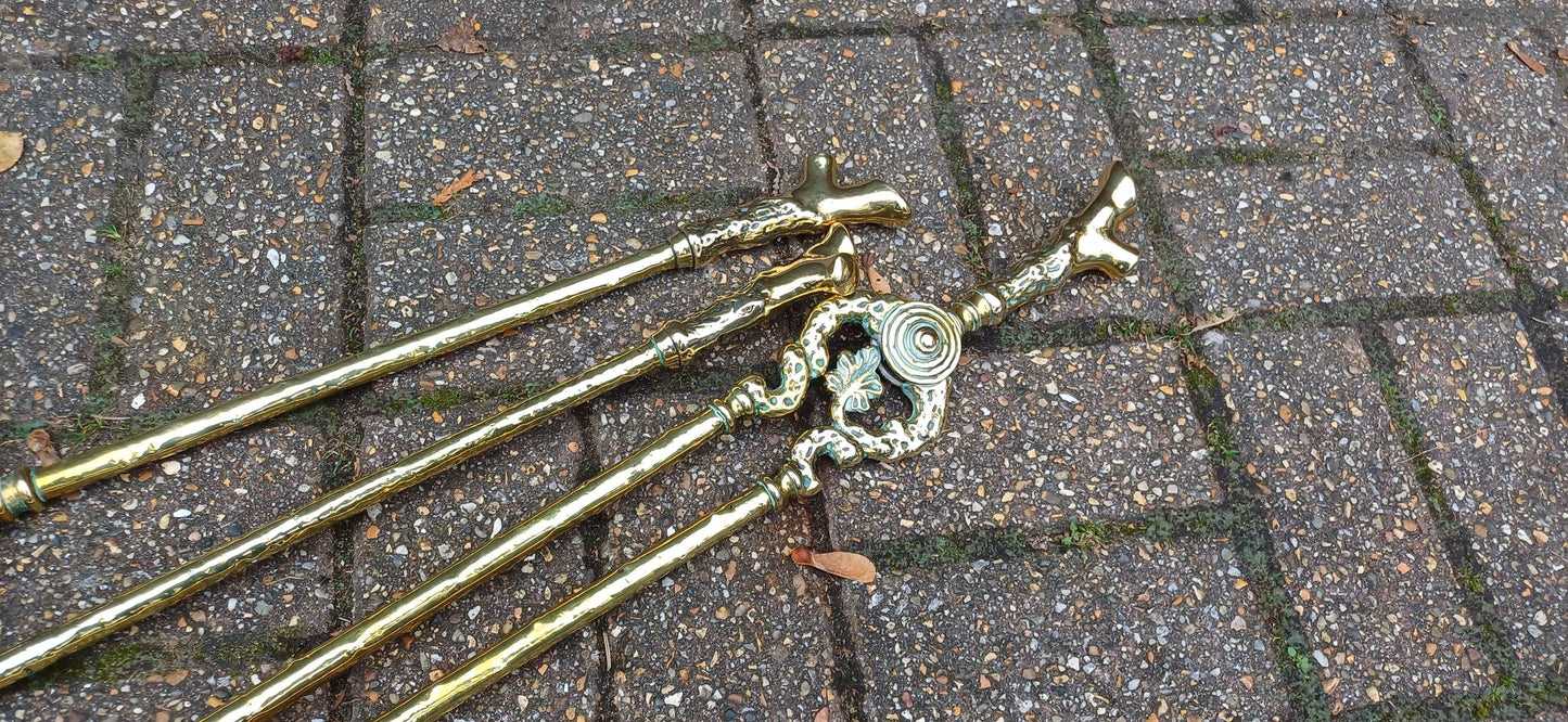 Large Restored Victorian Brass Fire Irons Tools with Unusual Log Branch Motif Decoration Simply Superb Quality Poker Shovel Tongs