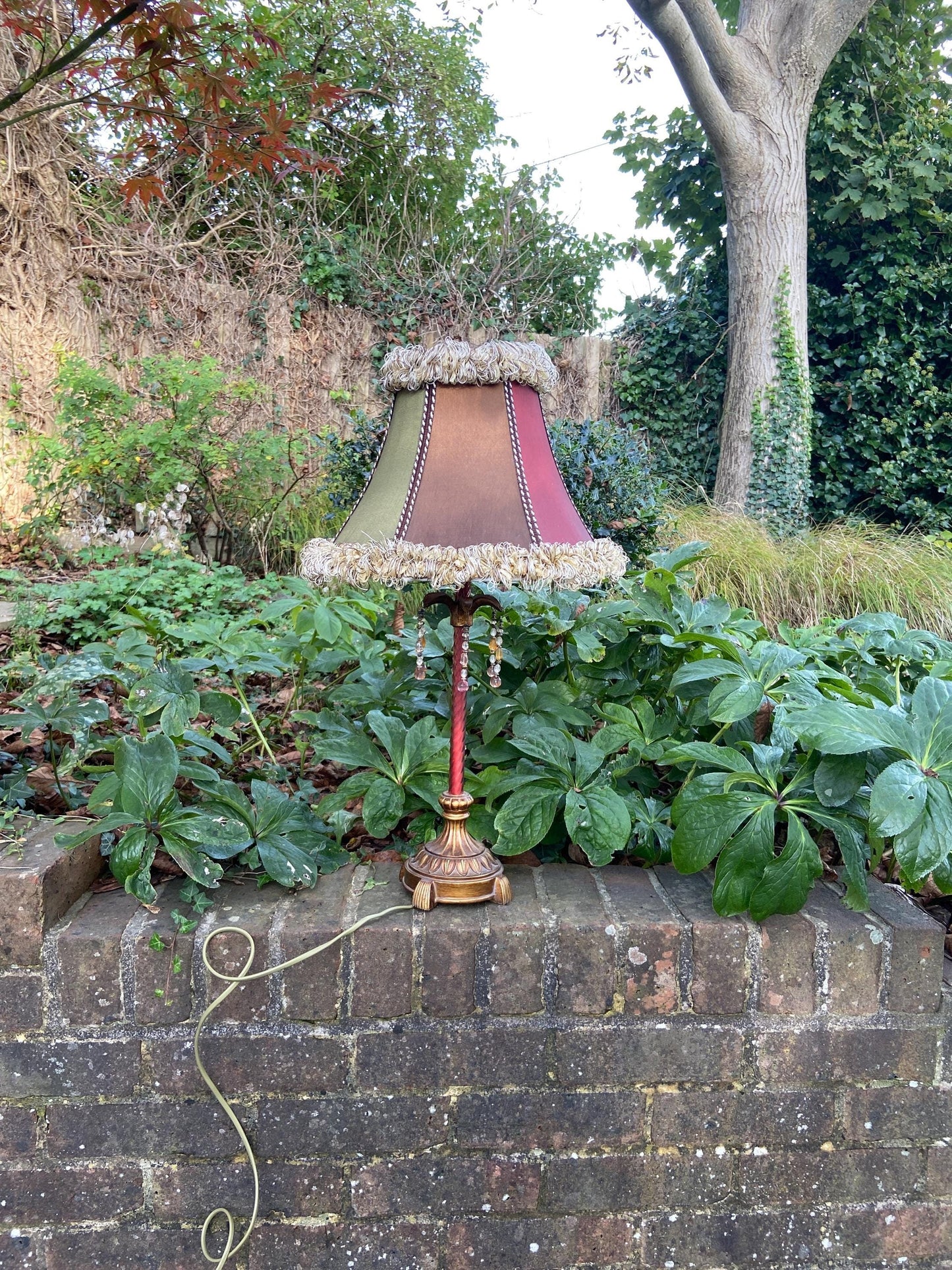 multi coloured vintage lamp and matching shade; pink lamp. red lamp. green lamp.