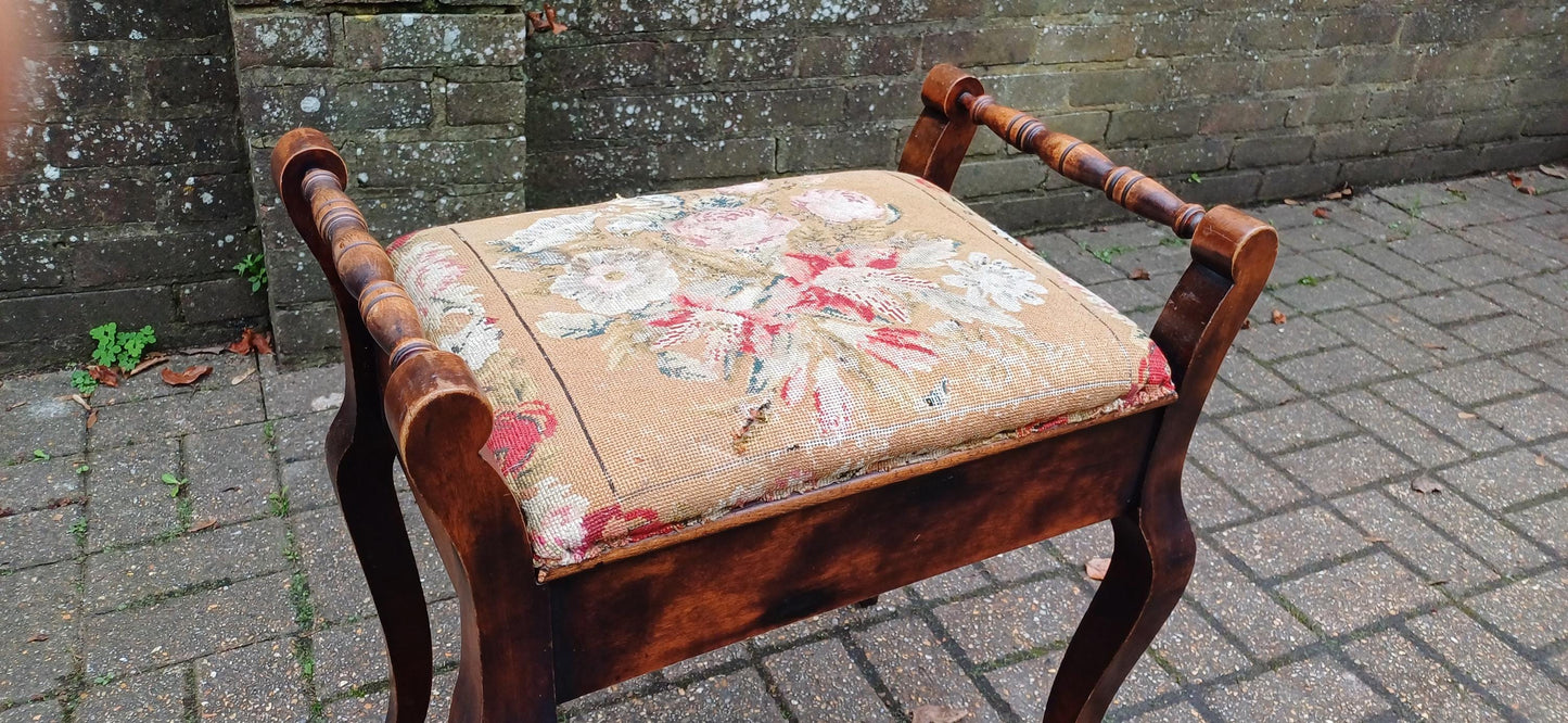 Beautiful Classy Vintage Upholstered Piano Stool | Inner Compartment & Aged Still Life Tapestry | Elegant Antique Storage Seat