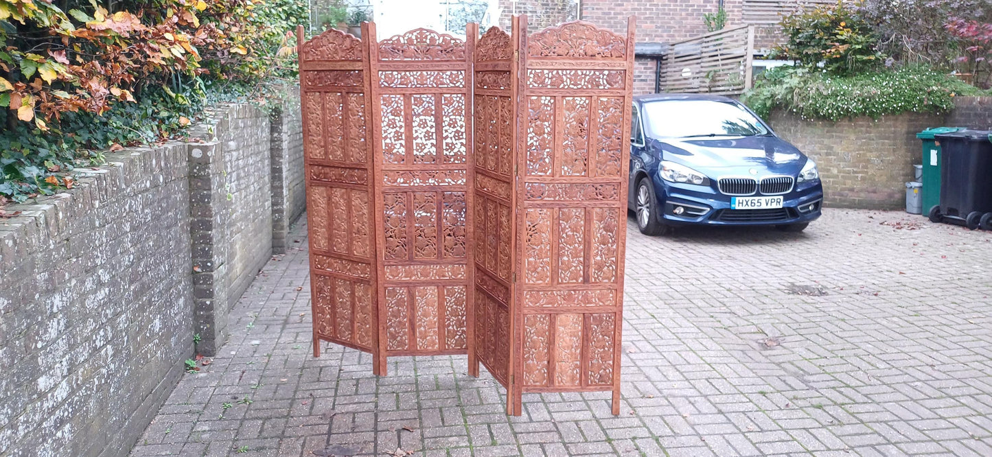 Huge Top Quality 70s/80s Carved Folding Screen Room Divide Grapevine & Middle Eastern Motif Heavy Vintage Room Divider FREE HAND DELIVERY