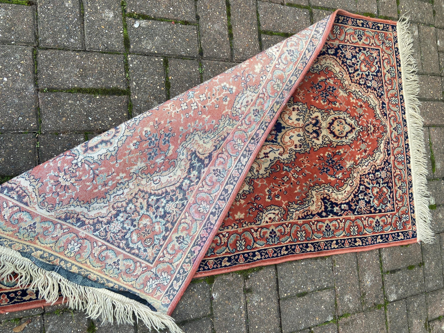 Vintage quality traditional woollen pile rug 140cm x 79cm, deep apricot orange