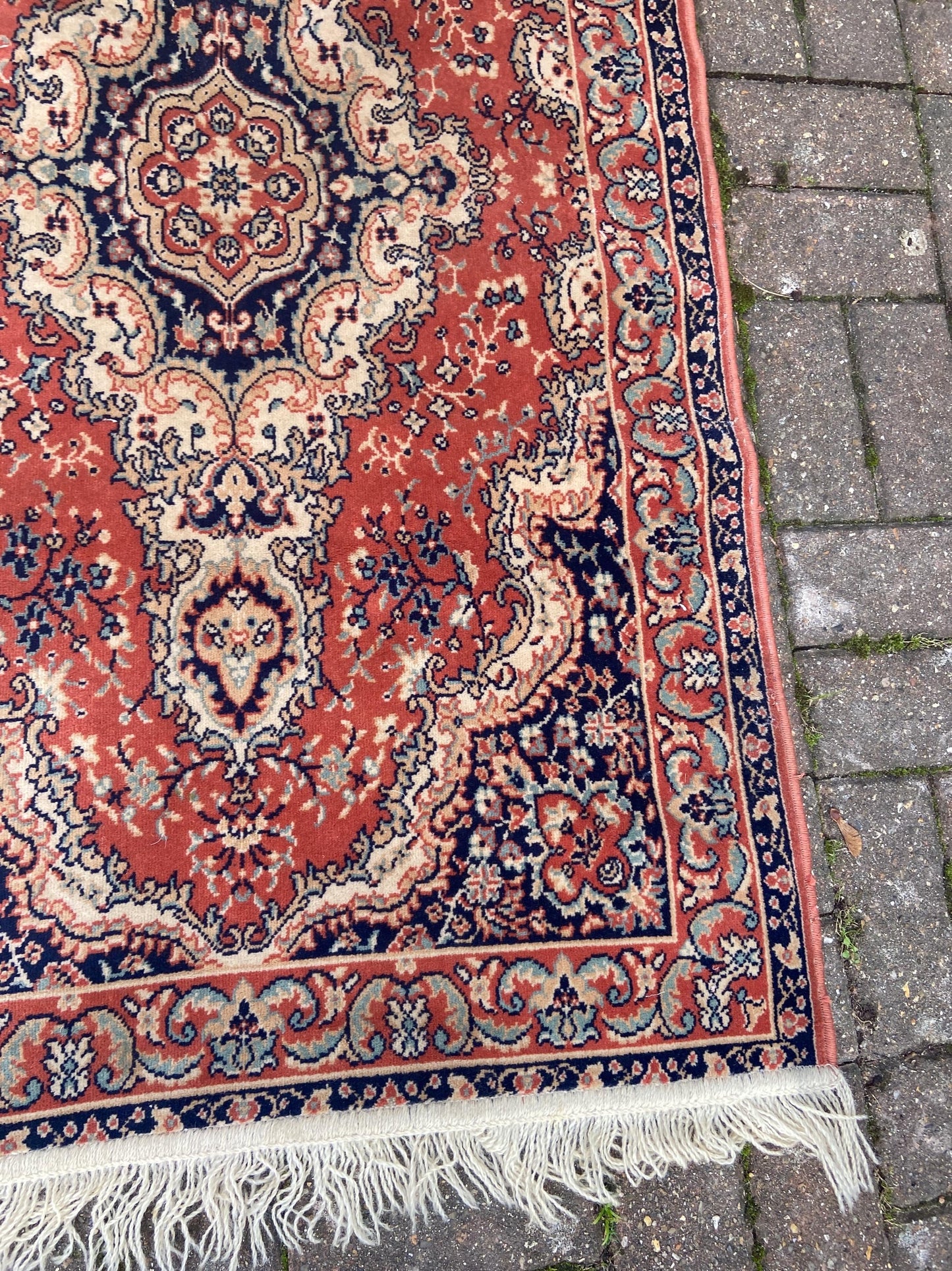 Vintage quality traditional woollen pile rug 140cm x 79cm, deep apricot orange