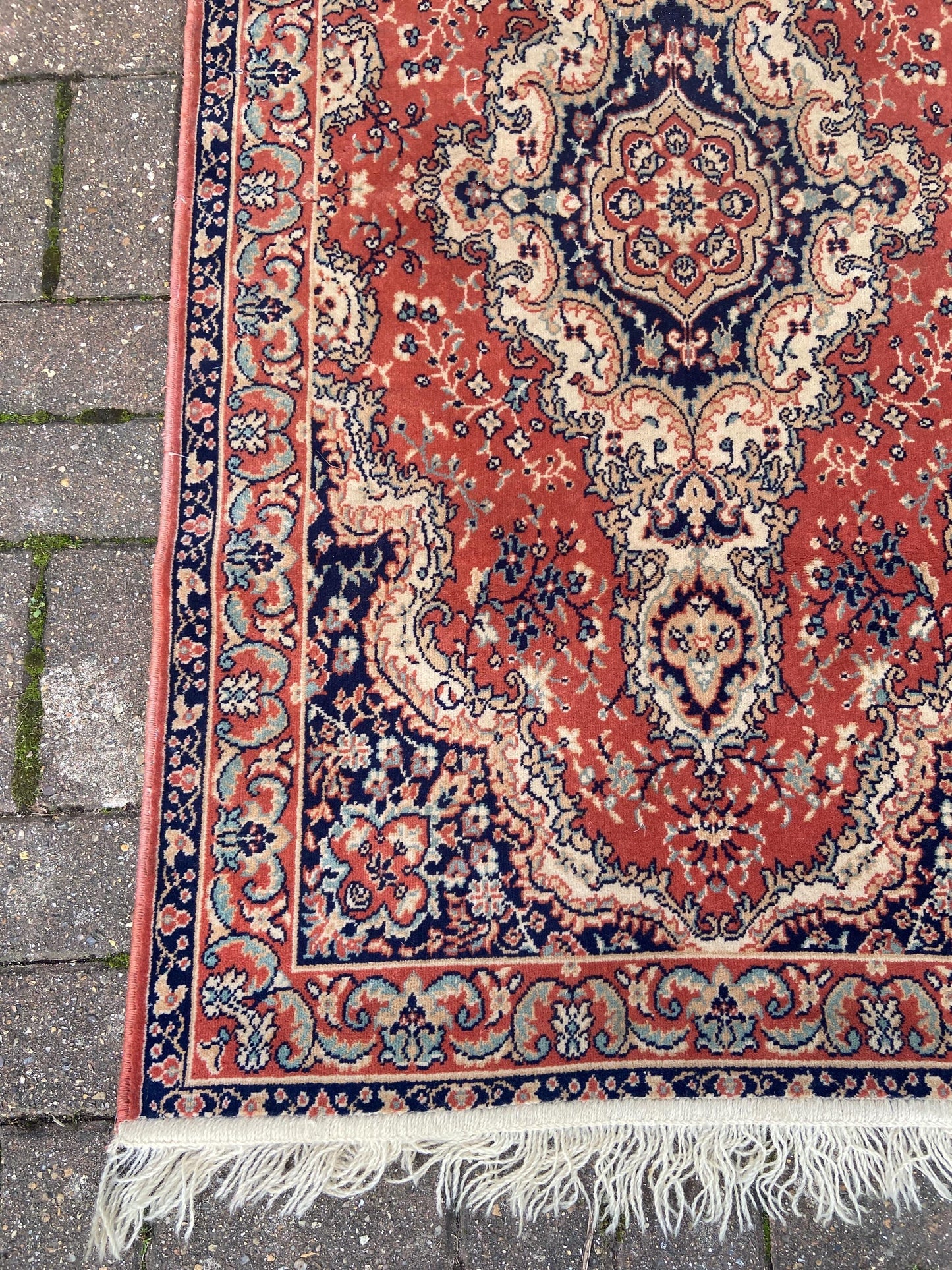 Vintage quality traditional woollen pile rug 140cm x 79cm, deep apricot orange
