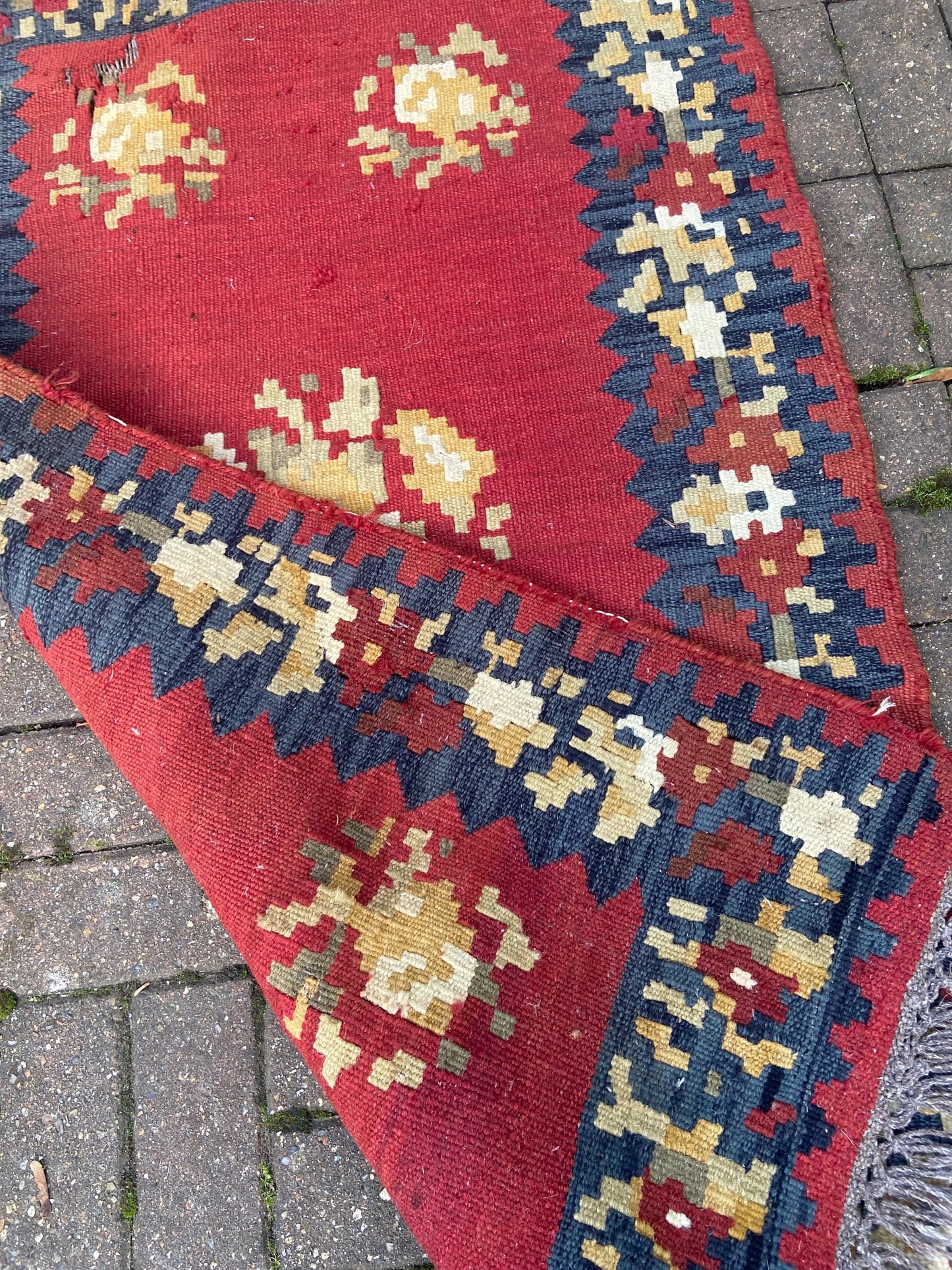 Vintage large kilim rug in red, dark blue/black - character rug 144cm x 89cm