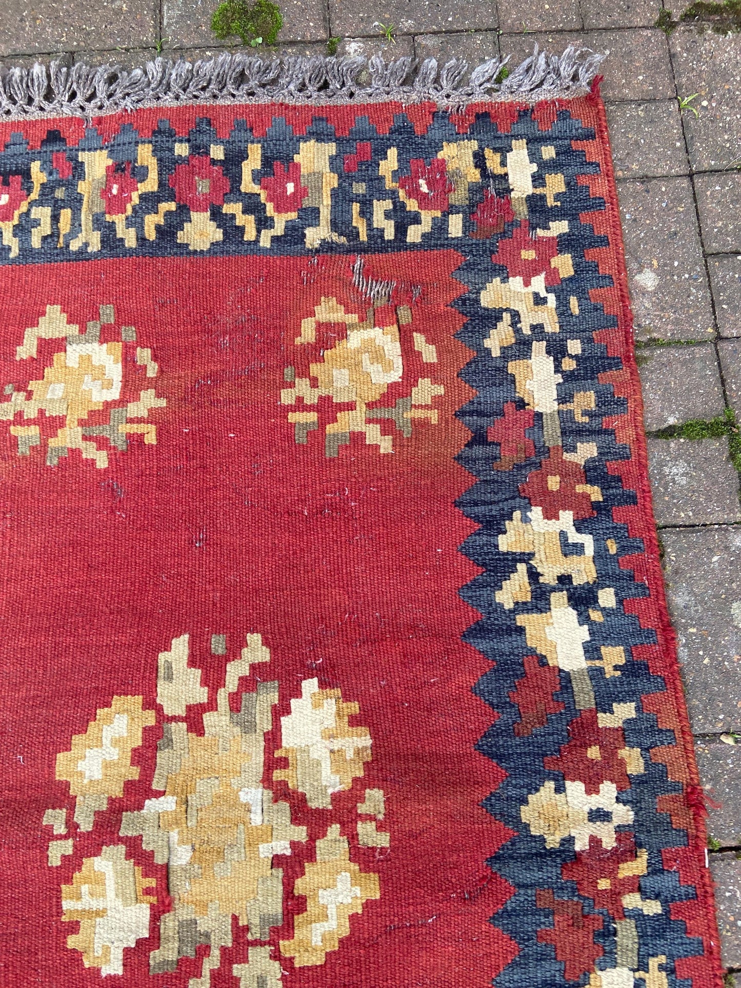 Vintage large kilim rug in red, dark blue/black - character rug 144cm x 89cm
