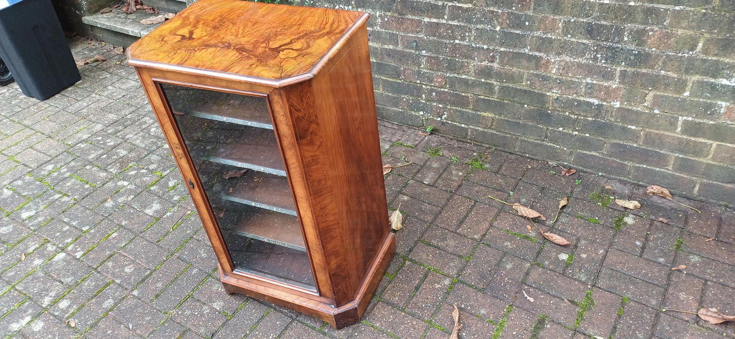 Amazing Quality Vintage Victorian Walnut and Inlaid Glazed Cupboard Former Music Sheet Storage Adjustable Shelf Configuration.
