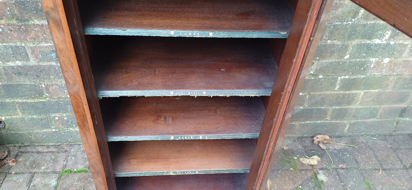 Amazing Quality Vintage Victorian Walnut and Inlaid Glazed Cupboard Former Music Sheet Storage Adjustable Shelf Configuration.