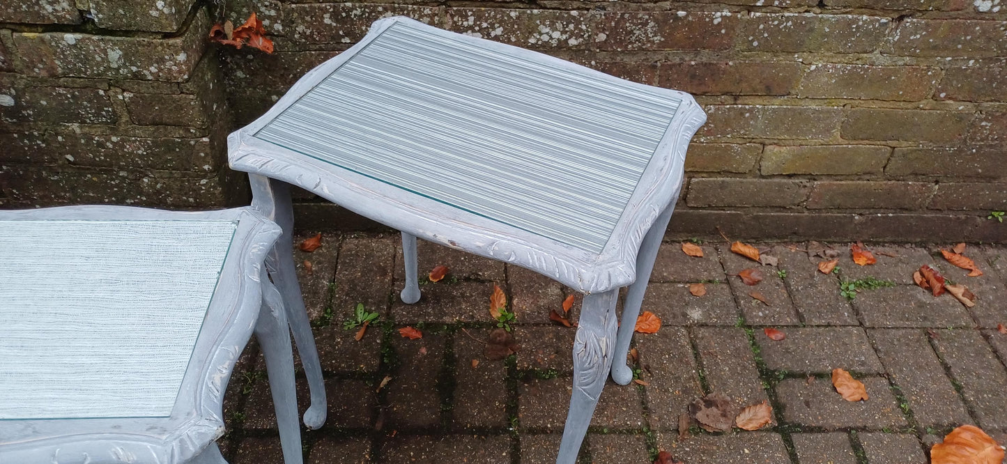 Superb Set of 3 Upcycled Occasional Coffee Tables with Glass Tops | Elegant Grey Hues. Break Up and Use About The House