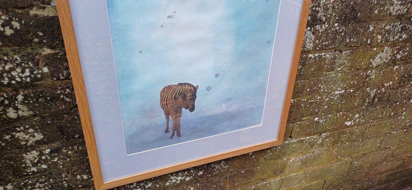 ZEBRA Large original mixed media painting of Two Zebras titled Reunited, watercolour & collage, professionally framed (Dorothea Huntrods)