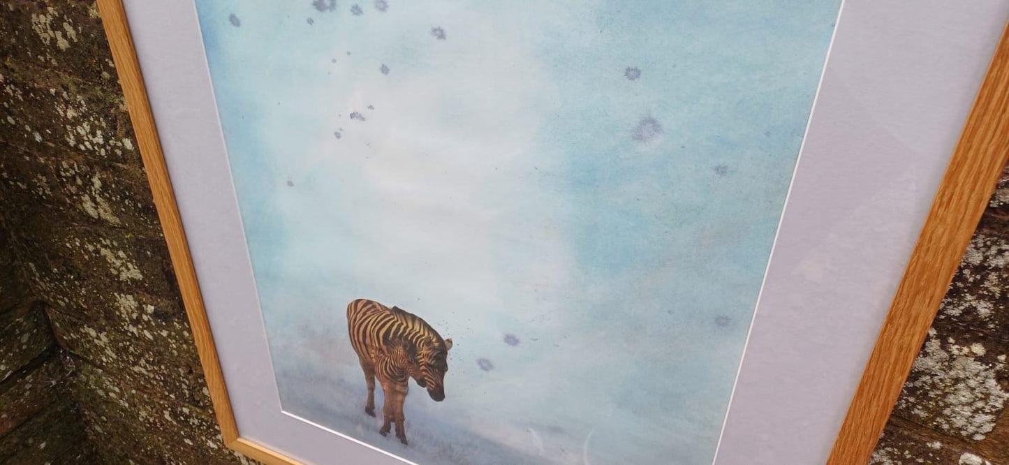 ZEBRA Large original mixed media painting of Two Zebras titled Reunited, watercolour & collage, professionally framed (Dorothea Huntrods)