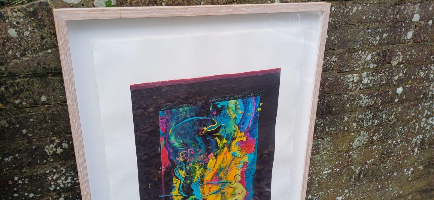BLUES Dancin wi Chickadee” Huge framed vintage original acrylic mixed media abstract painting by Dorothea Huntrods