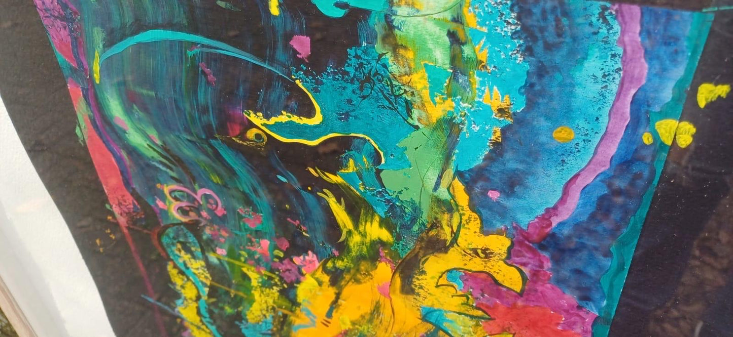 BLUES Dancin wi Chickadee” Huge framed vintage original acrylic mixed media abstract painting by Dorothea Huntrods