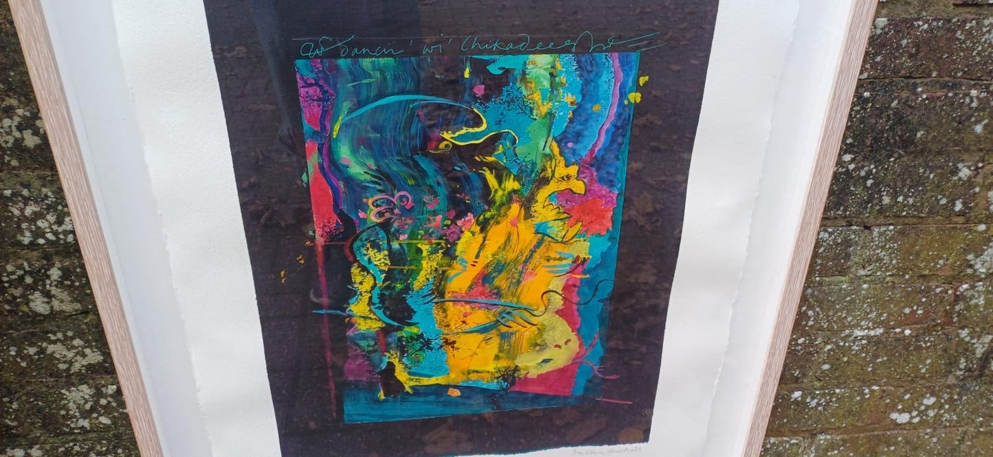 BLUES Dancin wi Chickadee” Huge framed vintage original acrylic mixed media abstract painting by Dorothea Huntrods