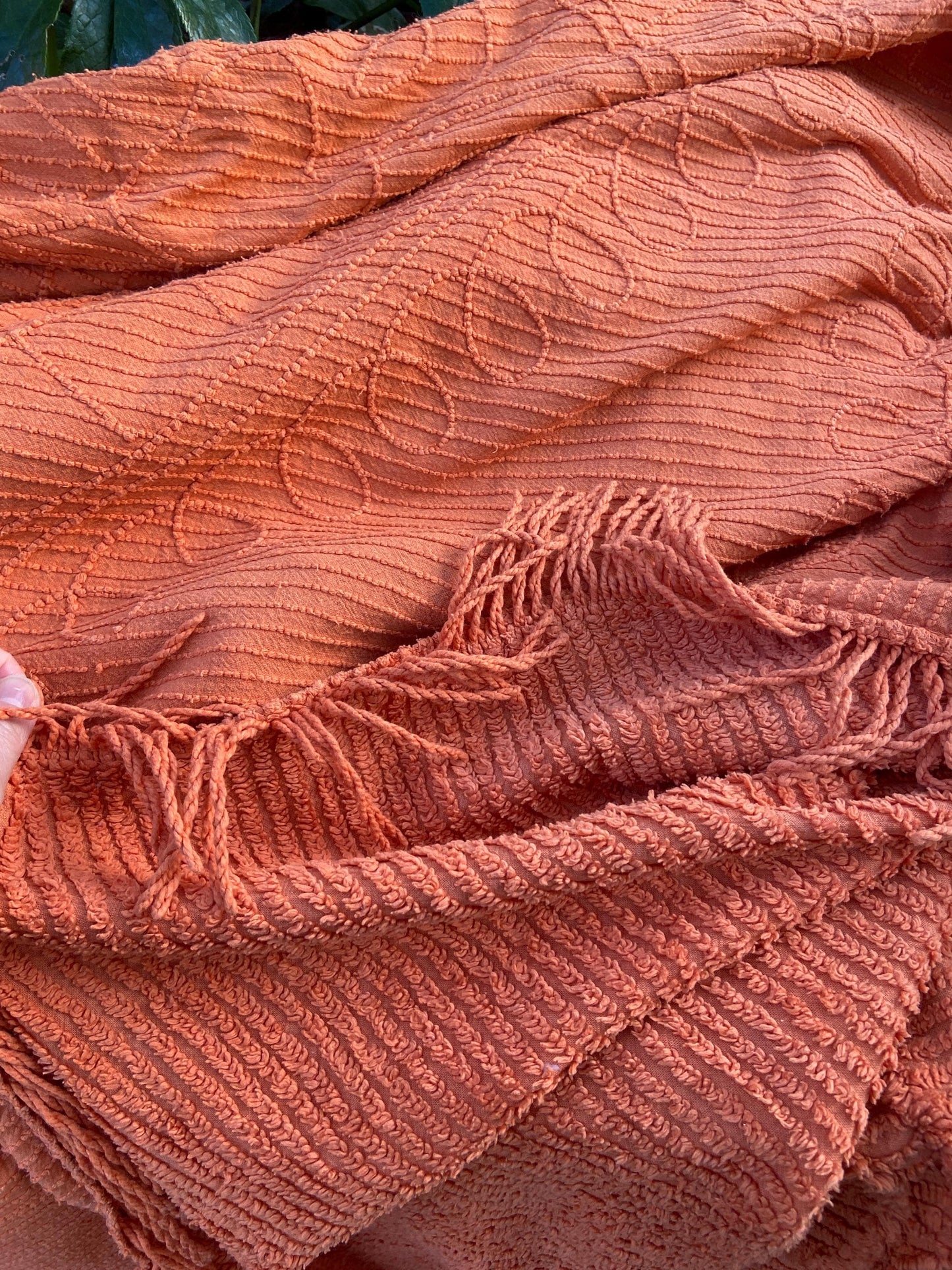 Retro original : orange large single, small double 1970s cotton bedspread bed cover, bed throw (256cm x 168cm)
