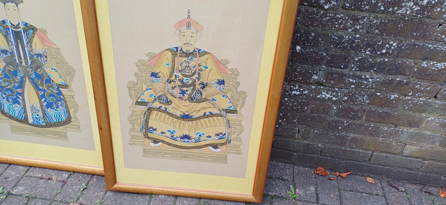 Massive Majestic Vintage Hand Painted on Silk Paintings Chinese Emperor and Empress 126 x 67 cm FREE HAND DELIVERY Qianlong and Quin Dynasty