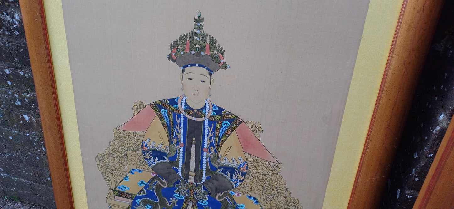 Massive Majestic Vintage Hand Painted on Silk Paintings Chinese Emperor and Empress 126 x 67 cm FREE HAND DELIVERY Qianlong and Quin Dynasty