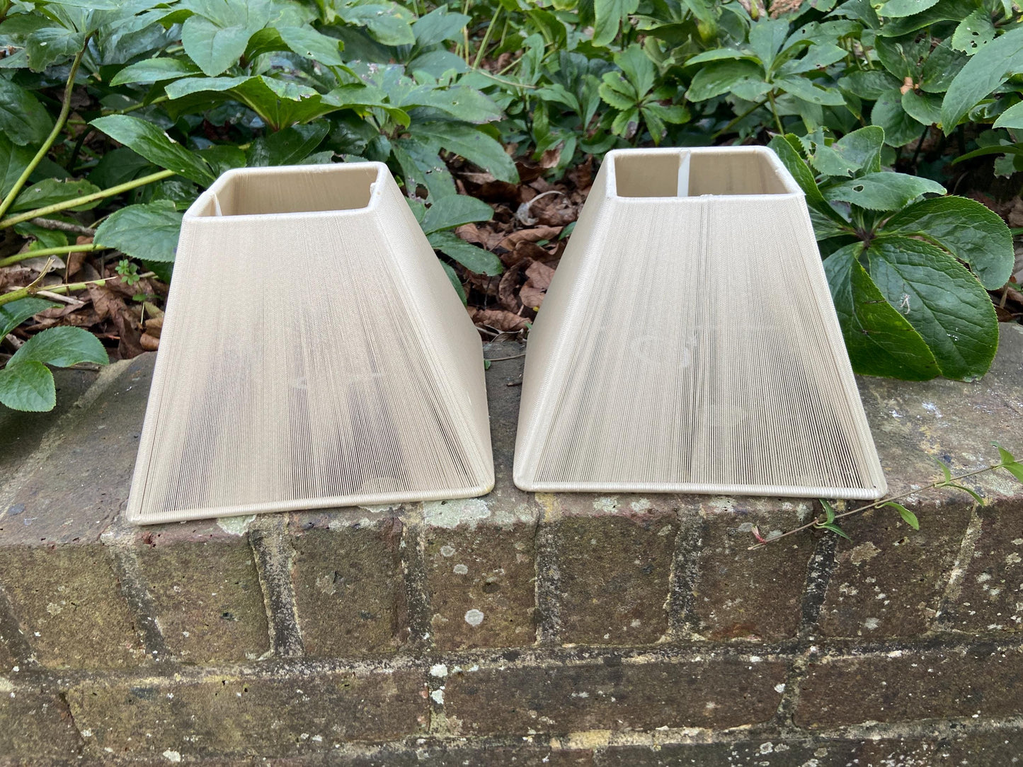 Pair of vintage string tapered sqaure small lamp shades 20cm sq, 15.5cm tall