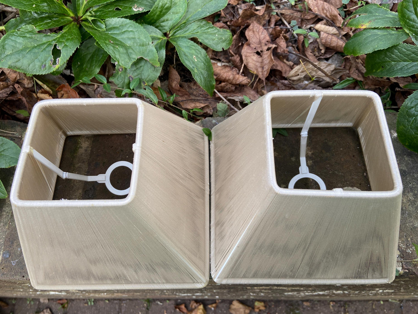 Pair of vintage string tapered sqaure small lamp shades 20cm sq, 15.5cm tall