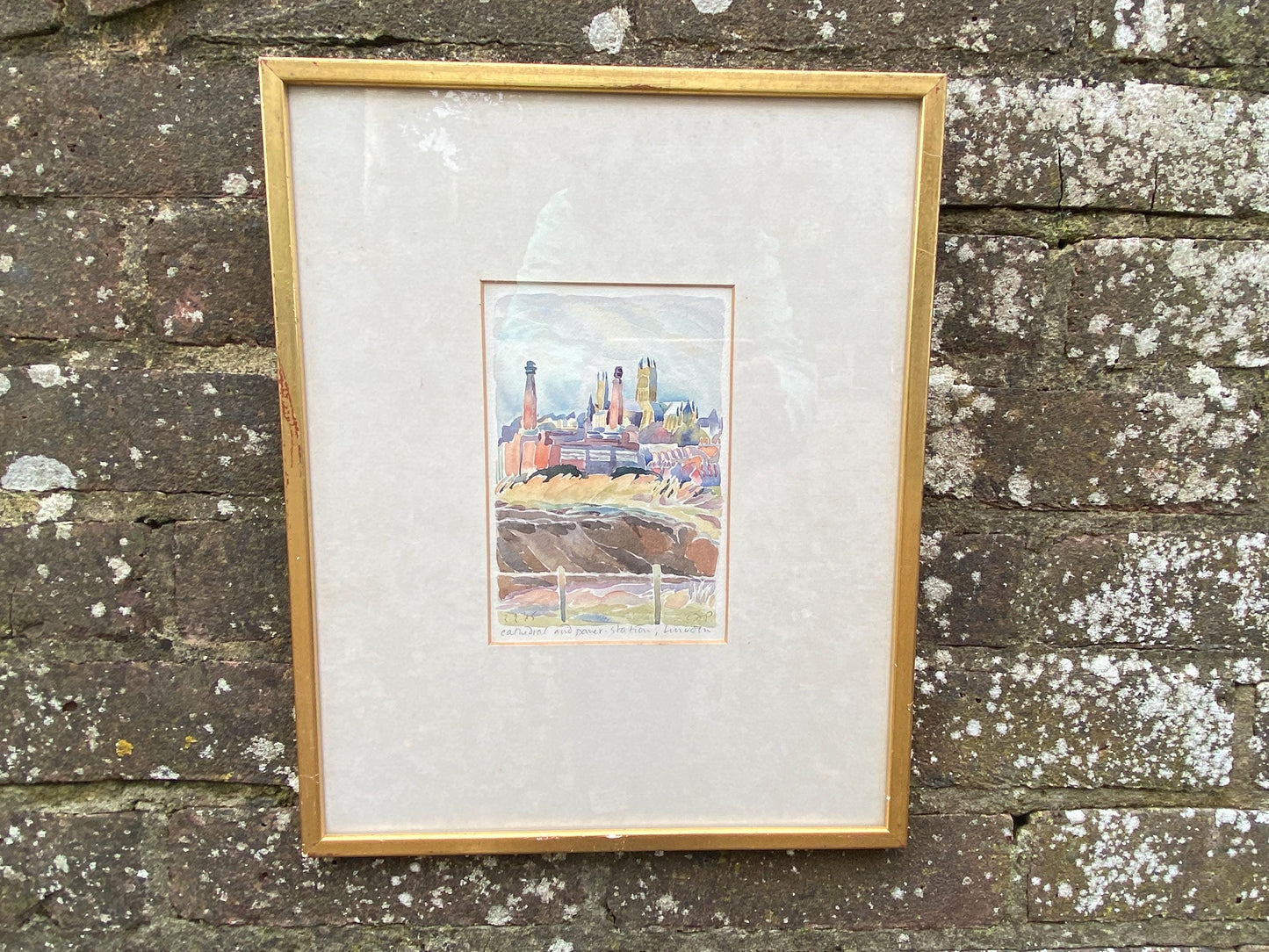 Original vintage watercolour painting of Lincoln, cathedral and power station - framed 38cm x 31cm