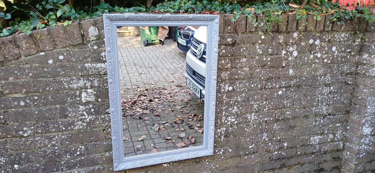 Very Large Painted Rectangular Mirror Grey with Gold Highlights Wooden Frame