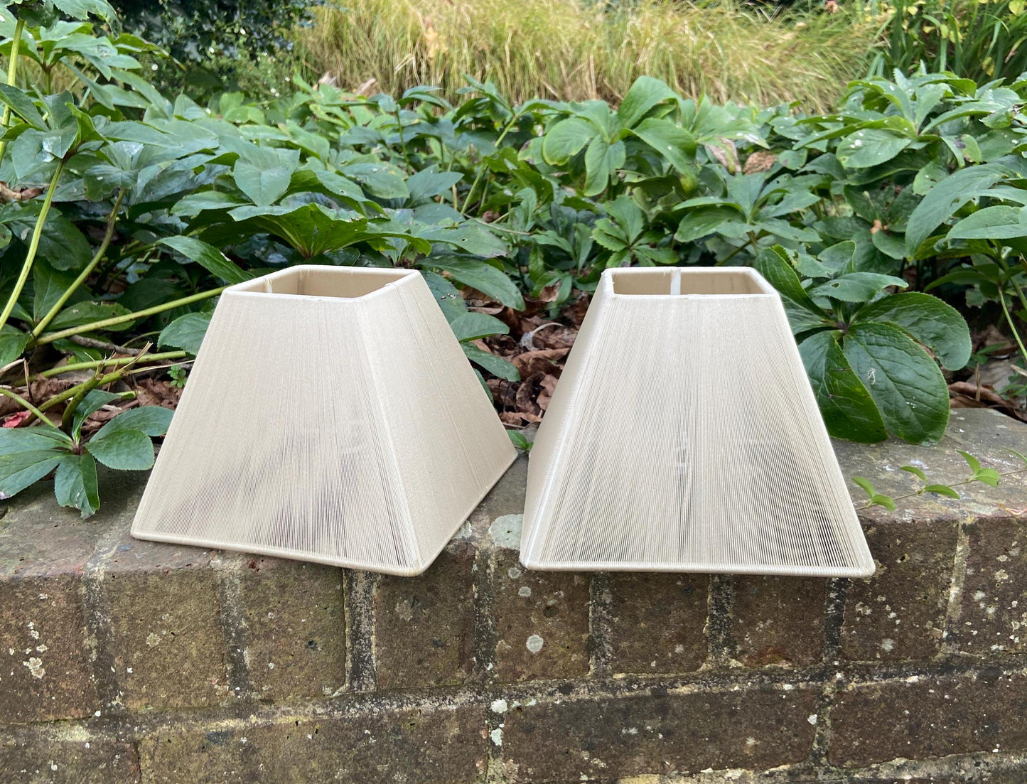 two vintage lamp shades; square shape with tapered sides; made out of string; vgc