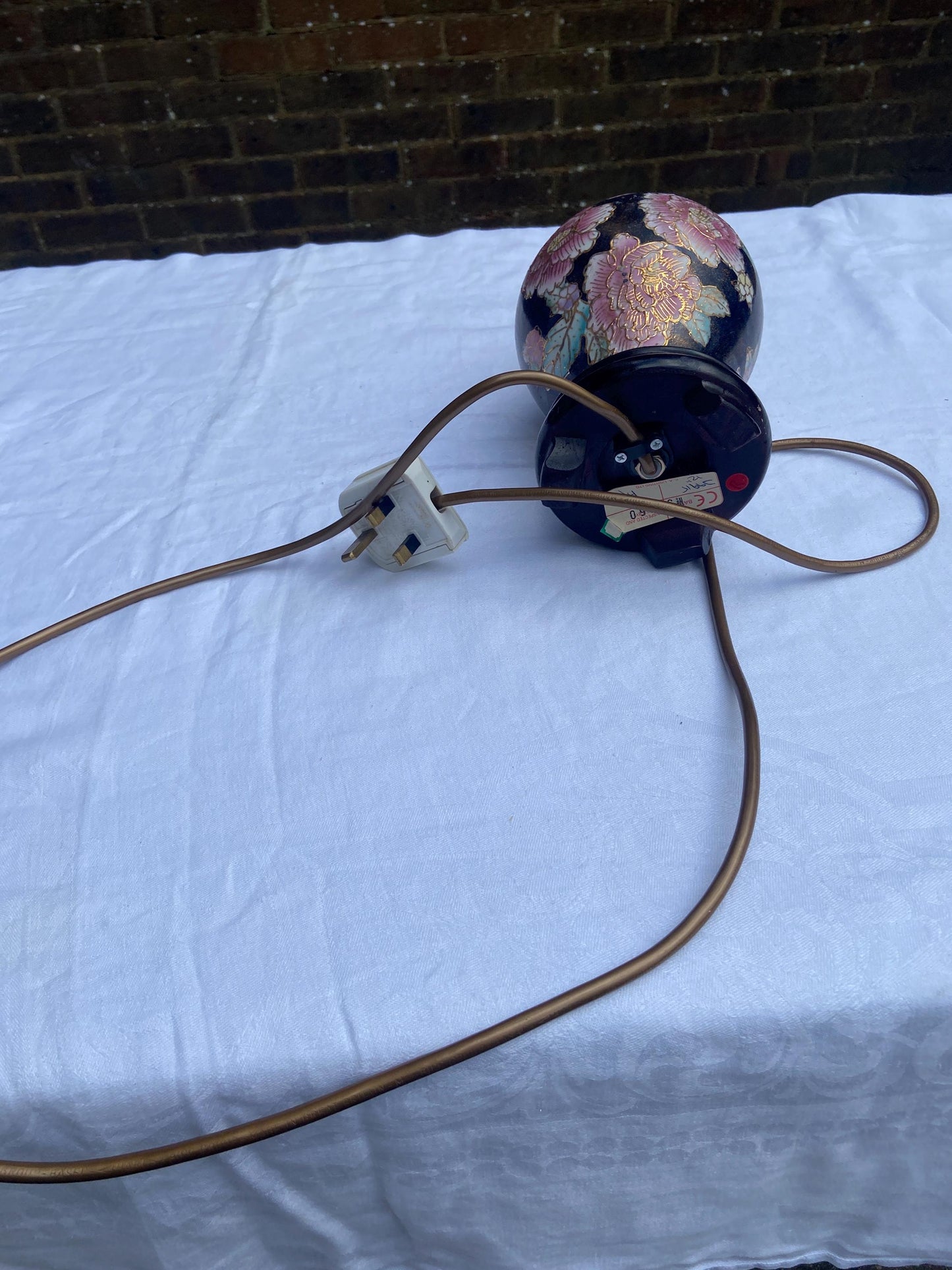 Original vintage C A Lighting Oriental Ginger Jar style table lamp - navy and gold with pink bold flowers - working condition
