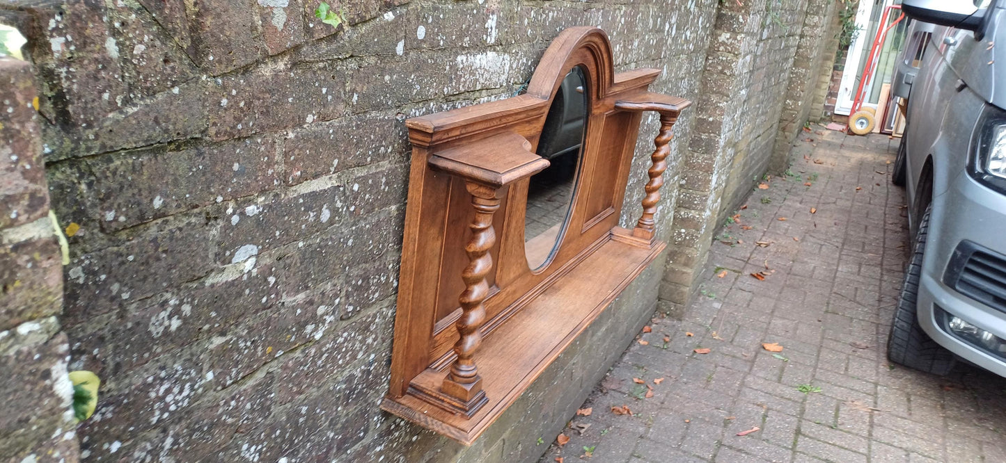 Elegant Upcycled Solid Oak Overmantel Mirror with Barley Twist Shelf & Bevelled Glass FREE HAND Delivery.