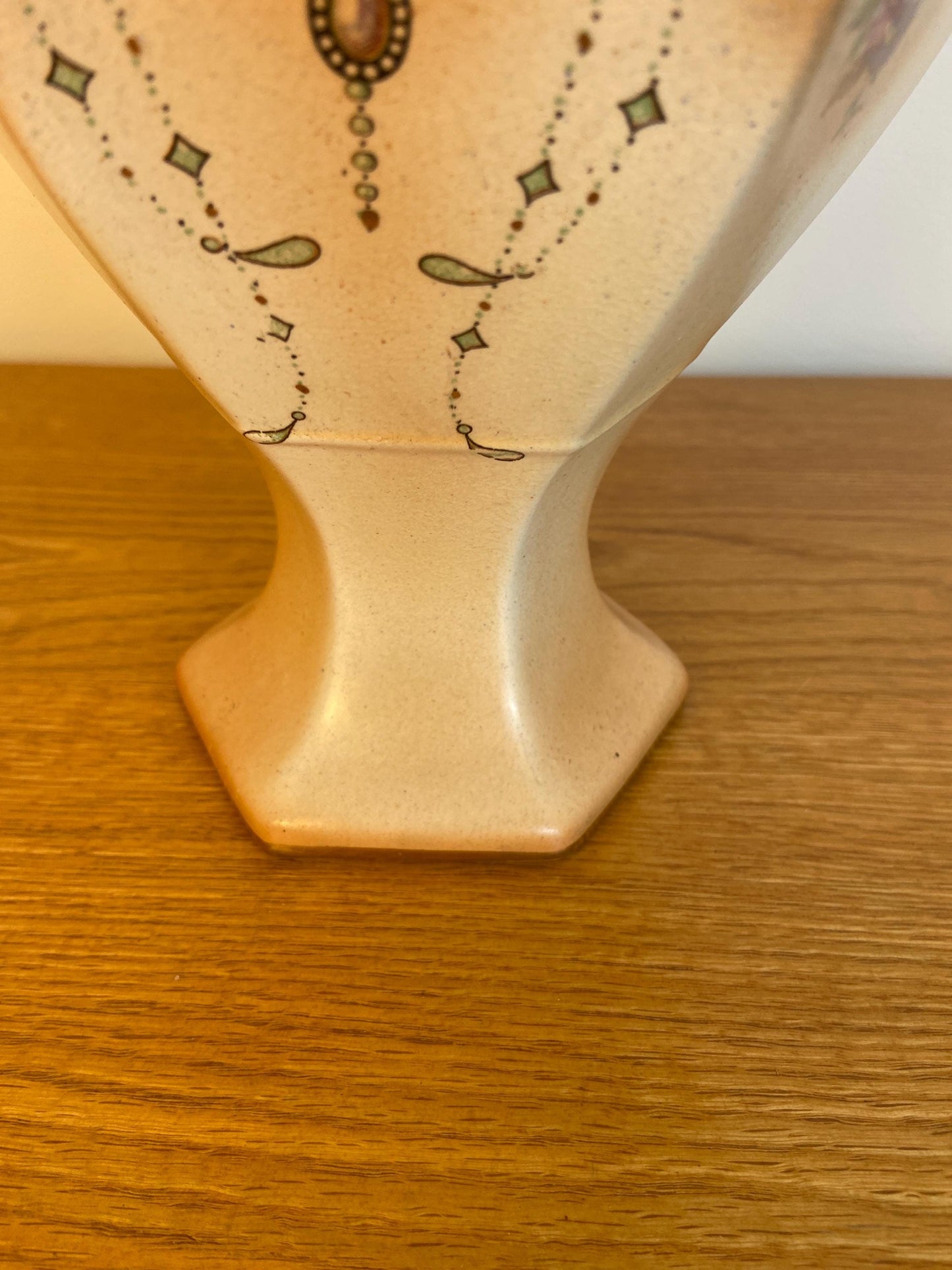 Early 1900s Tall Painted Two handled Vase - matt earthenware style with painted ornate floral detail, and gilt edging - statement piece vgc