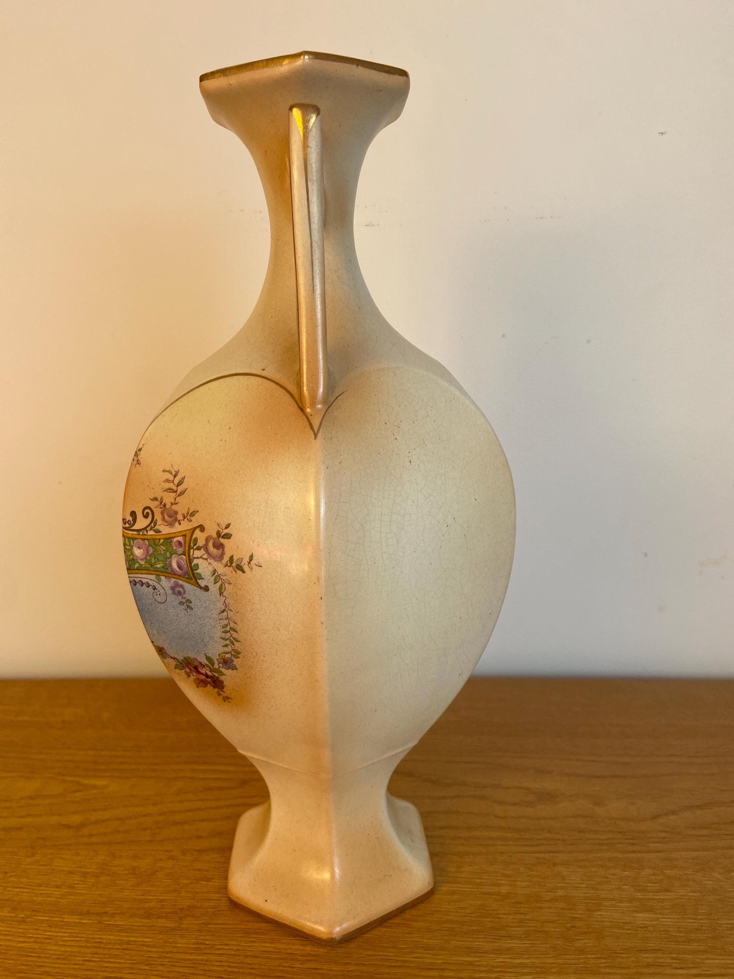Early 1900s Tall Painted Two handled Vase - matt earthenware style with painted ornate floral detail, and gilt edging - statement piece vgc