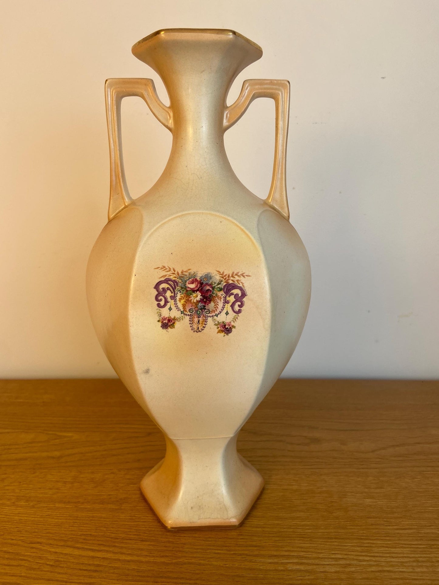 Early 1900s Tall Painted Two handled Vase - matt earthenware style with painted ornate floral detail, and gilt edging - statement piece vgc