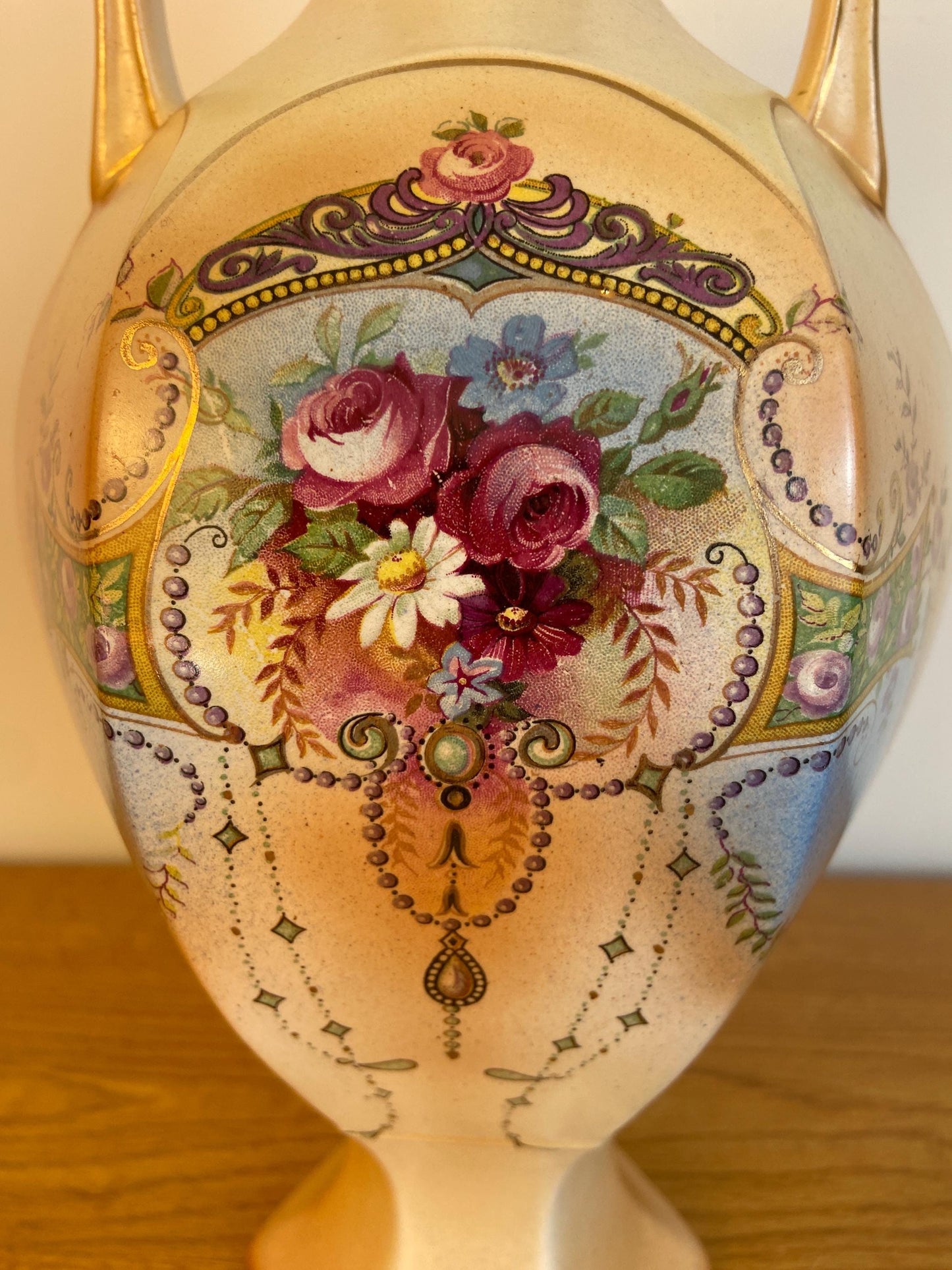 Early 1900s Tall Painted Two handled Vase - matt earthenware style with painted ornate floral detail, and gilt edging - statement piece vgc